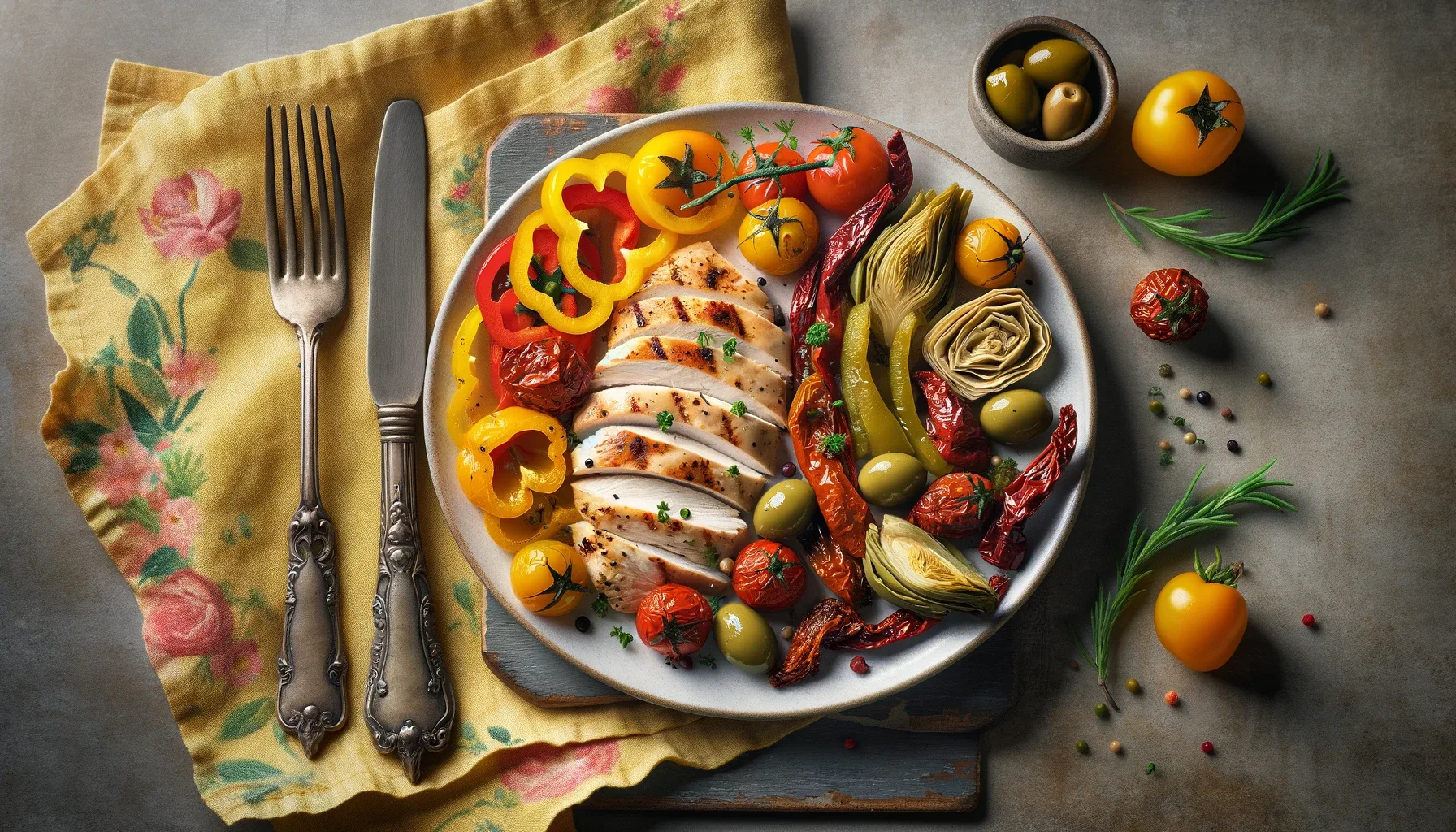 A Mediterranean keto diet plate of food, including chicken, olives, bell peppers, roasted tomatos and artichoke hearts.