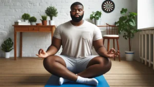 A Black man is practising mindful meditation while sitting on the floor in his home.