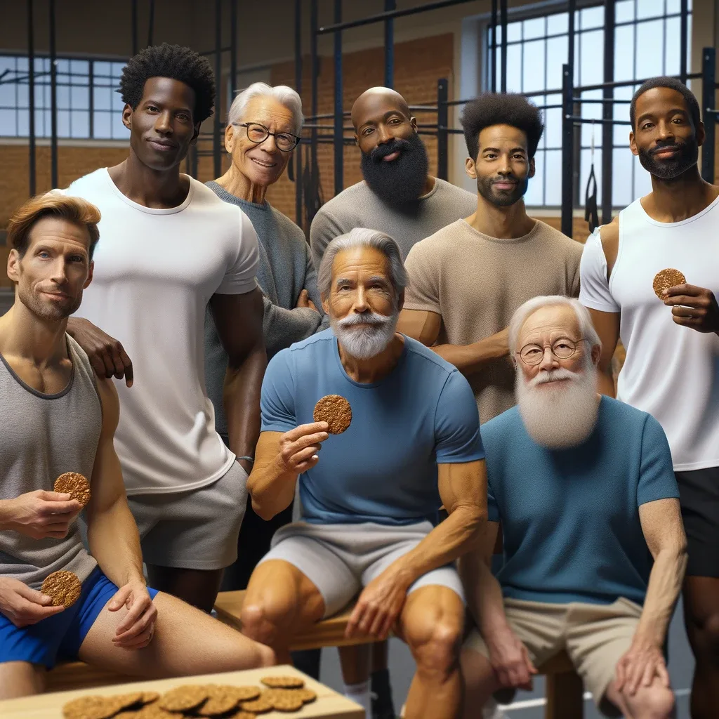 A group of men between 35-75 of various ethnicitis socializing at the community gym and snacking on flax cookies