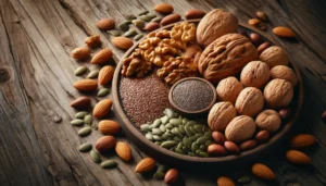 An image of almonds, walnuts, flaxseeds, chia seeds, and pumpkin seeds.