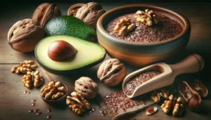 An image of foods rich in omega-3, including avocados, walnuts and flaxseed.