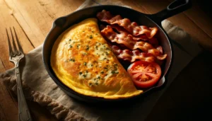 A cheese omelette and bacon in a pan.