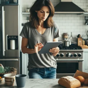 A woman is standing in her kitchen, scrolling on her tablet.