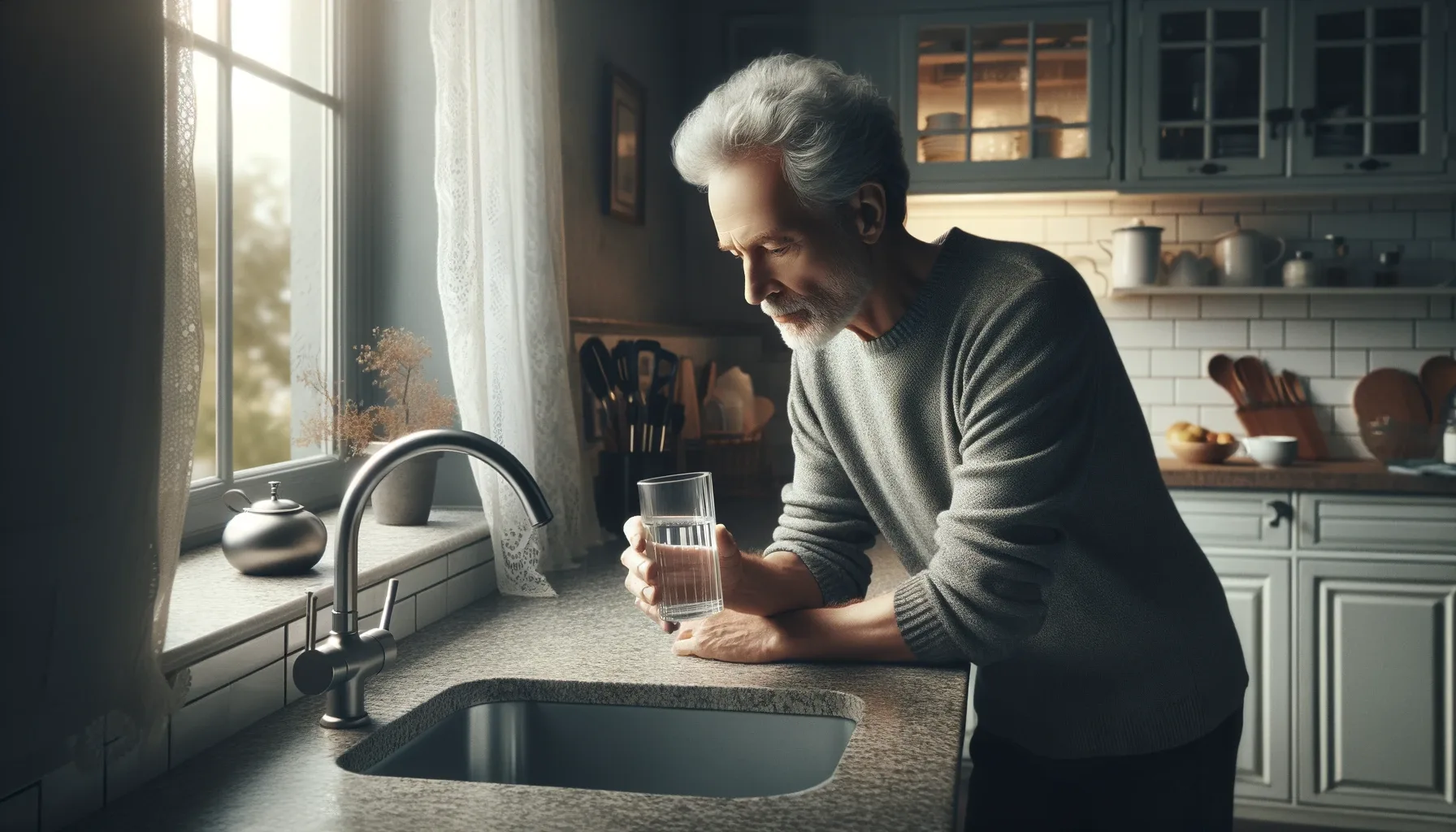 An older man with a glass of water leans on his kitchen sink. He is in chronic pain.