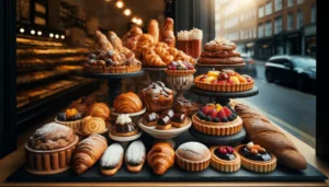 A bakery display of a wide variety of vegan desserts, including cakes, croissants and other pastries.