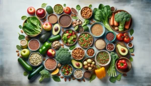 An image of a wide variety of plant-based foods.