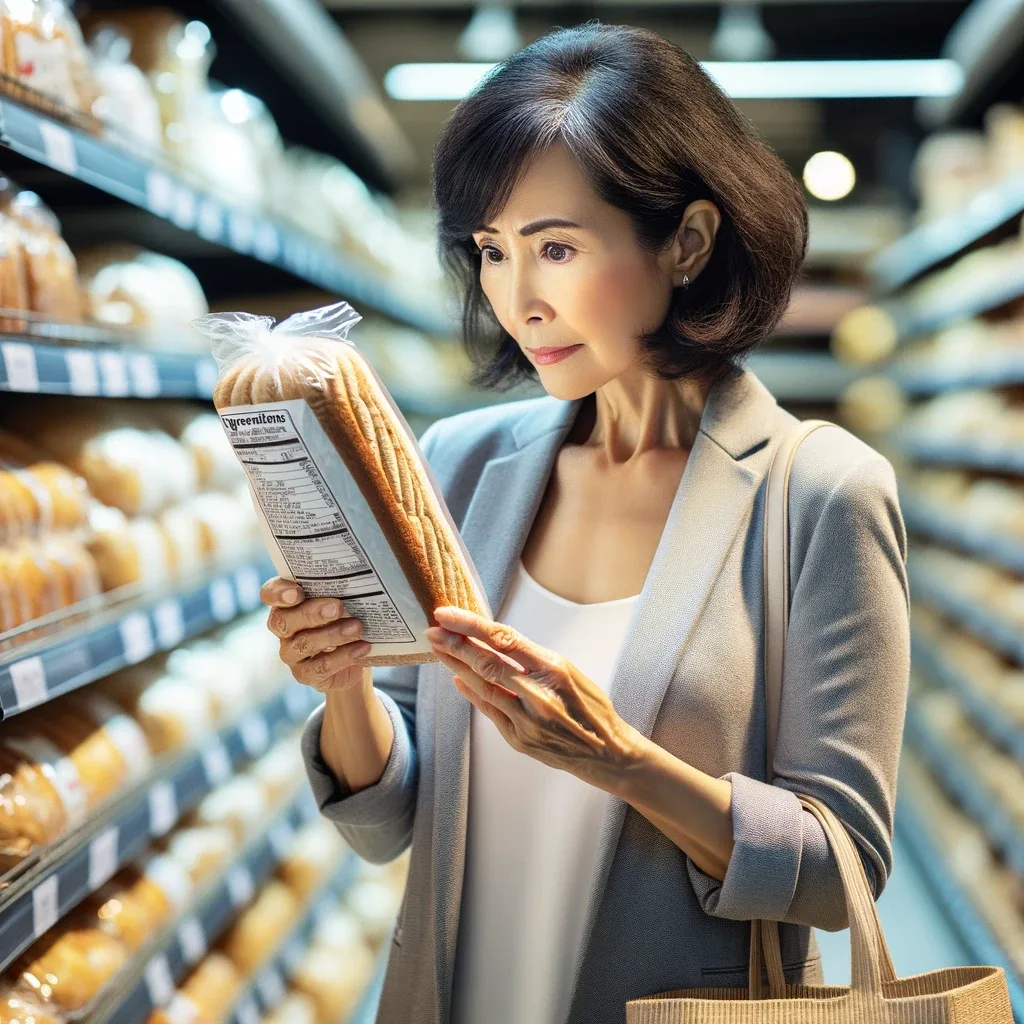 A Chinese woman scrutinized the ingredients label on a loaf of bread in the grocery store.