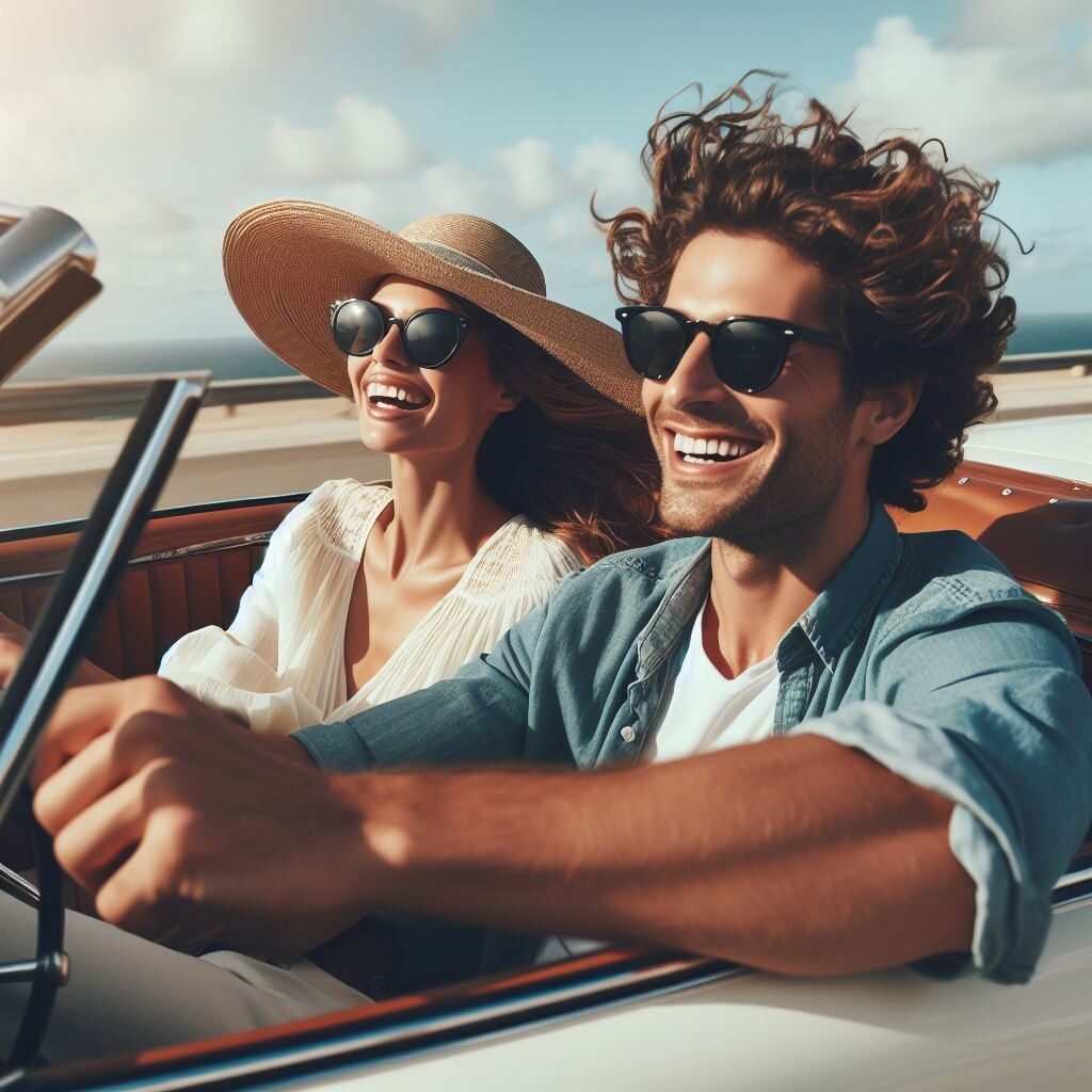 An image of a man and a woman enjoying a ride in a classic convertible car. The car is bright white, and they are both smiling with a sense of freedom. The woman is wearing a wide-brimmed hat and sunglasses, with her hair waving in the wind. The man has curly hair and wears casual sunglasses, with one hand on the steering wheel. They are cruising along a coastal road with a clear blue sky above and the ocean in the distance. The mood is cheerful and carefree.