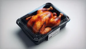 A rotisserie chicken in a grocery store take-out tray.