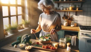 An older woman prepares a healthy keto salad in her kitchen.