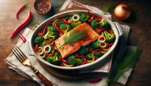 Salmon and low carb vegetables in a casserole dish.