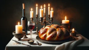 An image of a challah bread, a glass of red wine and candles. Symbols of a shabbat celebration.