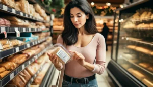 A female shopper examines a product label on a grocery store item.
