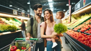 A young couple with their baby are grocery shopping for Mediterranean keto diet foods