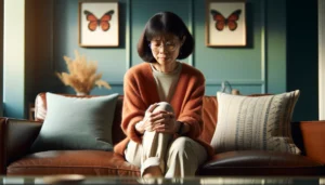 An Asian woman sits on her couch at home, holding her sore knee, from which she experiences chronic pain.