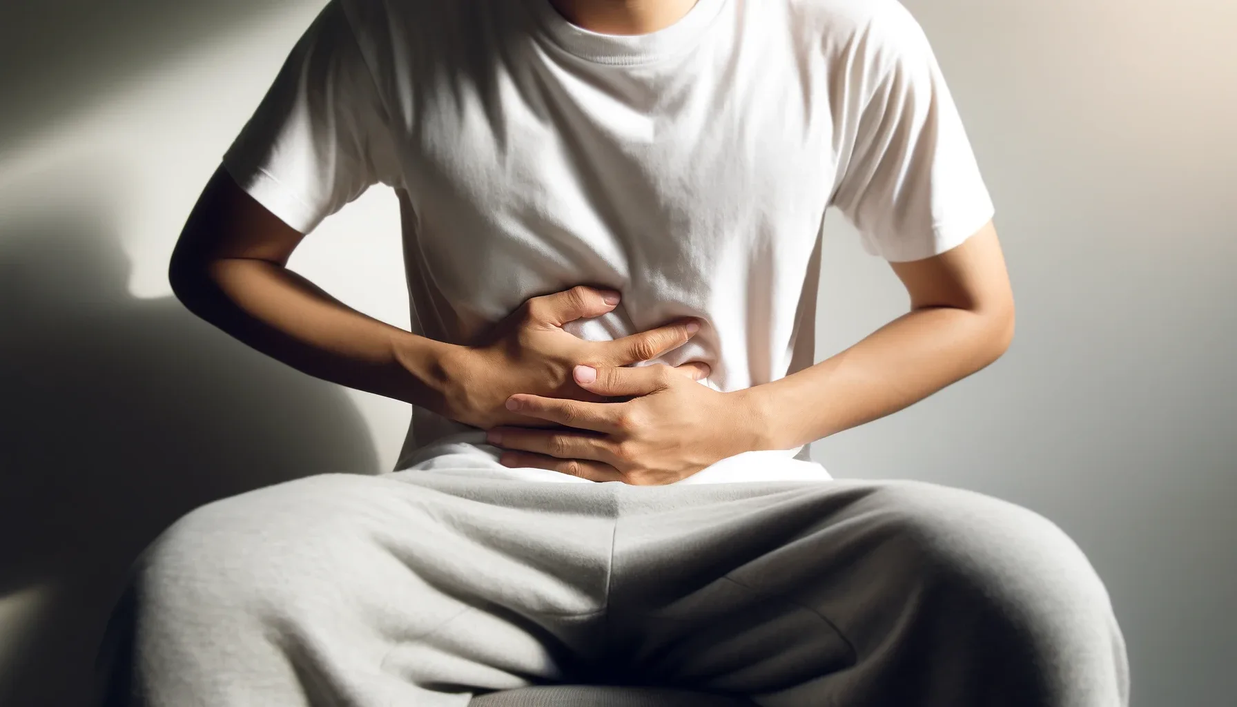 An image of a male sitting down and holding his stomach. He has IBS.