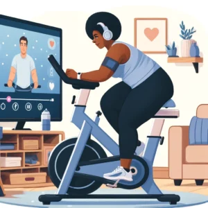An illustration of a woman doing an online spin class in her home.