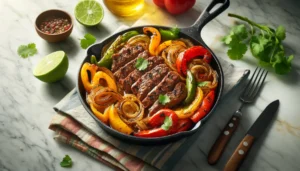 A low carbohydrate, keto meal in a frying pan, featuring steak and bell peppers.