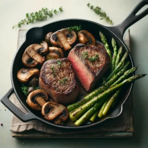 A keto meal in a frying pan, including steak, mushrooms and asparagus.