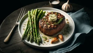 Steak and asparagus meal on a plate with garlic butter and roasted garlic cloves.