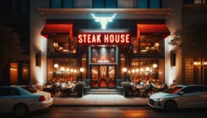 A photography of a steak house facade at night. The photo captures the outdoor seating area bustling with people dining. The restaurant entrance is well-lit, with a red neon sign reading 'STEAK HOUSE' correctly spelled above the entrance, flanked by a logo of a white bull's head with wings. Warm lighting spills from the interior onto the patio area, where patrons are seated at tables covered in white tablecloths. The restaurant's exterior has large glass windows and doors, with red accents on the awnings and fixtures. 