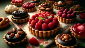 A display of plant-based, vegan fruit tarts and chocolate tarts.