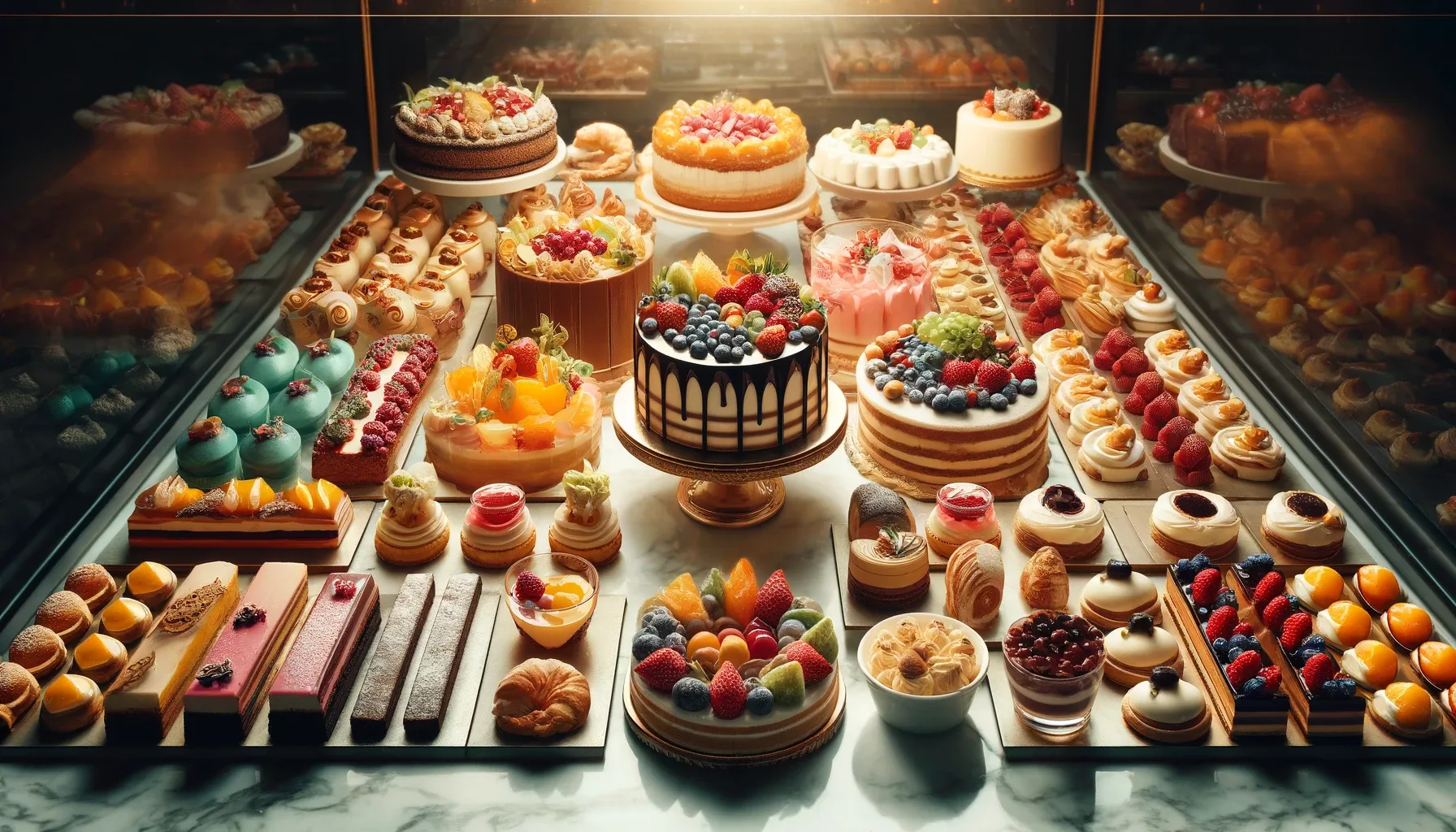 A display case full of beautiful plant-based, vegan dessert pastries