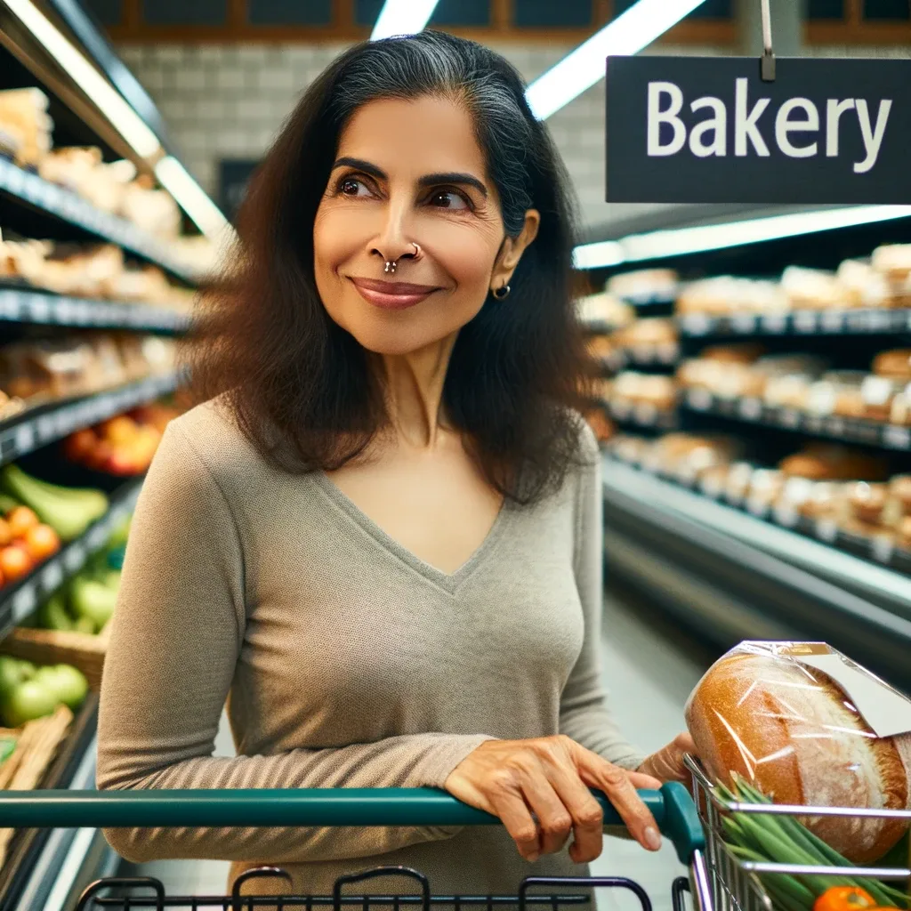 An east indian woman is shopping for healthy food in the bakery aisle of the grocery store.