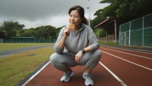 A Chinese woman in her forties is at the community running track. She is taking a break from exercise and snacking on a flax cookie.