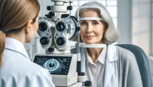 An older woman is having an eye exam. She uses flaxseed for eye health.