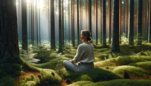 A woman in her forties sits and relaxes in a mossy forest to ease stress in nature.
