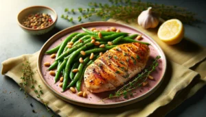 A dinner plate featuring a grilled chicken breast and green beans sprinkled with. pine nuts.
