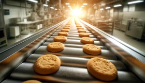 Delicious high protein cookie on a commercial bakery conveyor belt. The cookies have been produced with Keto PowerFlax Baking Mix.