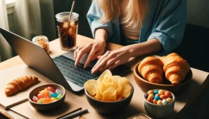 A woman working on her laptop and eating ultra-processed junk food and drinking cola.