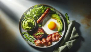 A keto breakfast plate featuring eggs, bacon, a link sausage and a sausage patty, accompanied by avocado.