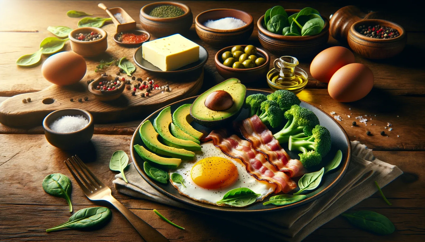 A display of ketogenic foods, including eggs, olives, avocados, bacon and butter