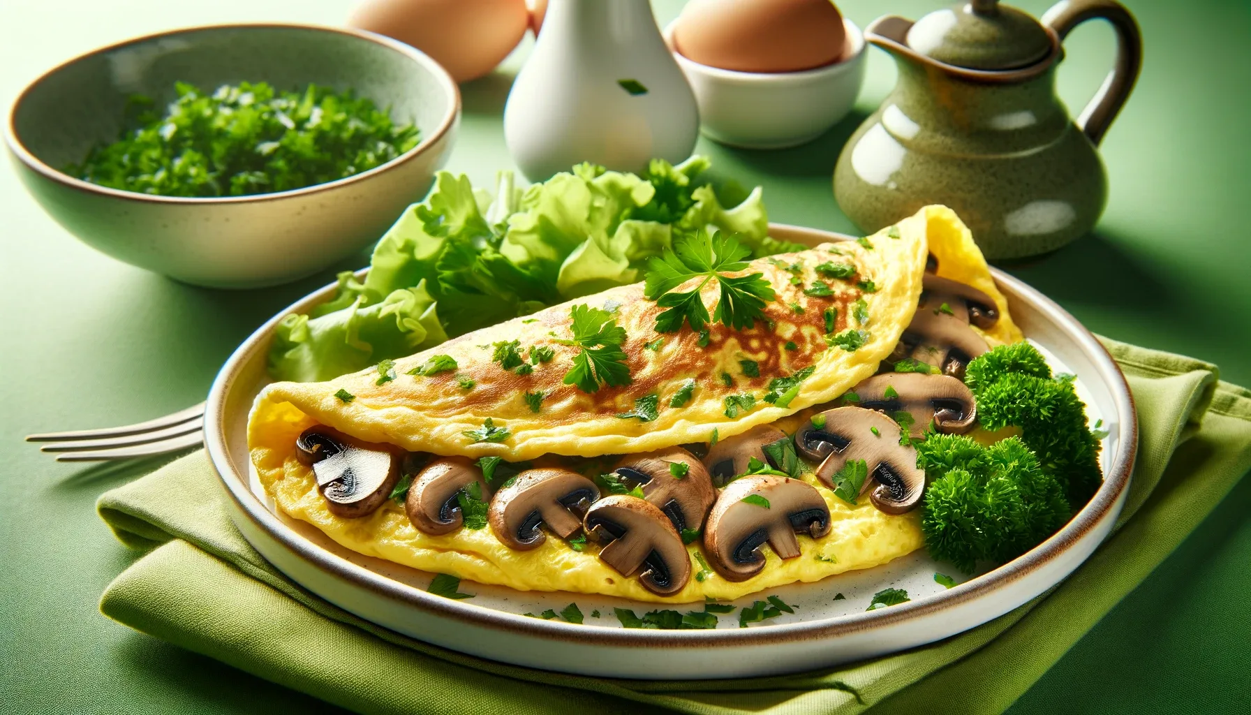 An image of a plate featuring a keto omelette with mushrooms and salad.