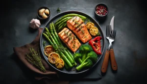 A ketogenic diet dinner of salmon and asparagus