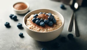 A bowl of oatmeal with blueberries and ground flaxseed.