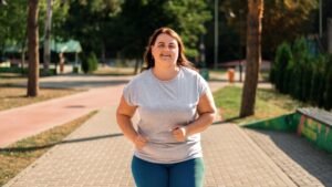 An overweight woman with lipedema jogs outside. She is experiencing positive results on the ketogenic diet.