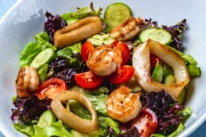 A Mediterranean diet seafood salad, part of the keto diet for psoriasis