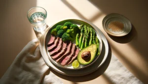 A ketogenic meal featuring steak, broccoli, avocado and asparagus.