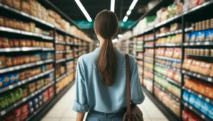 A woman faces a long grocery aisle, stocked with ultra-processed foods.