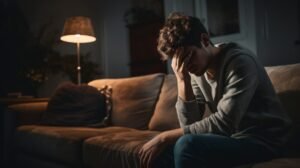 A young man with depression and anxiety, sitting on a couch