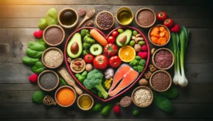 A "Food as Medicine: display of healthy foods including salmon, avocado, flaxseed and a variety of vegetables and grains