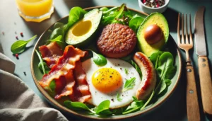 A plate of keto diet breakfast foods, including an egg, sausage patty, sausage, bacon and avocado