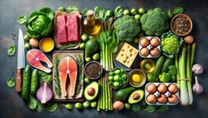 A wide variety of low carbohydrate foods, suitable for the ketogenic diet