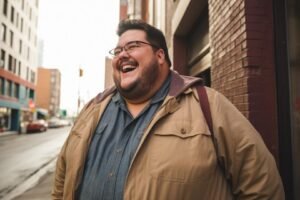 A happy obese man walking in the city