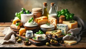 A display of cheeses, yogurt and olive oil.