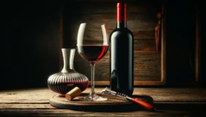 A bottle, decanter and glass of red wine
